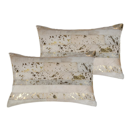 Set of Two 12" X 20" Natural and Gold Patchwork Cowhide Lumbar Throw Pillows with Glitter