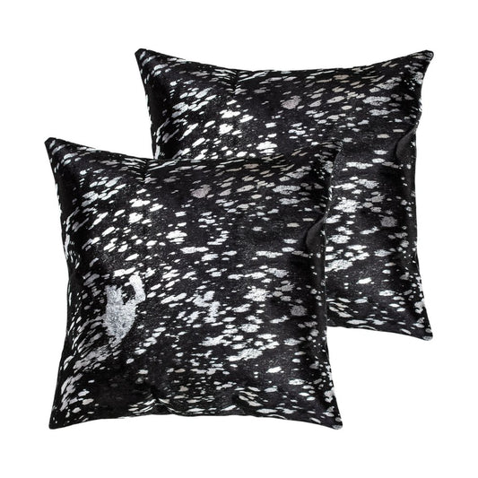 Set of Two 18" Black and Silver Abstract Cowhide Throw Pillows with Glitter