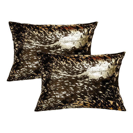 Set of Two 12" X 20" Chocolate and Gold Abstract Cowhide Lumbar Throw Pillows with Glitter