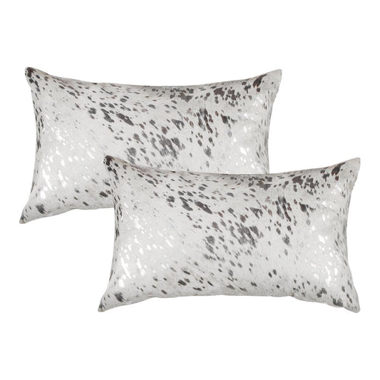 Set of Two 12" X 20" Gray and Silver Abstract Cowhide Lumbar Throw Pillows with Glitter