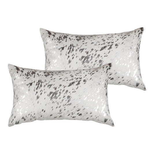 Set of Two 12" X 20" Gray and Silver Abstract Cowhide Lumbar Throw Pillows with Glitter