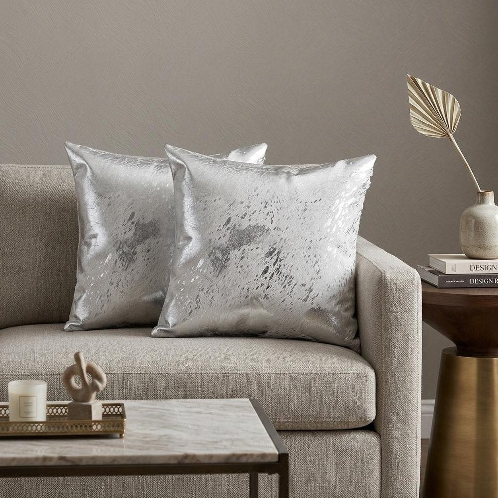 Set of Two 18" Gray and Silver Abstract Cowhide Throw Pillows with Glitter