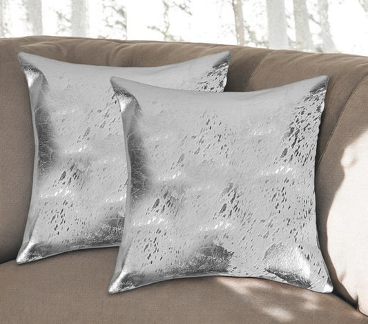 Set of Two 18" Gray and Silver Abstract Cowhide Throw Pillows with Glitter