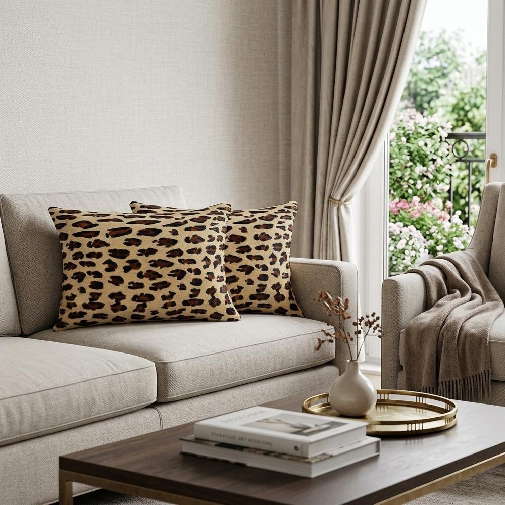 Set of Two 12" X 20" Brown and Black Leopard Cowhide Lumbar Throw Pillows