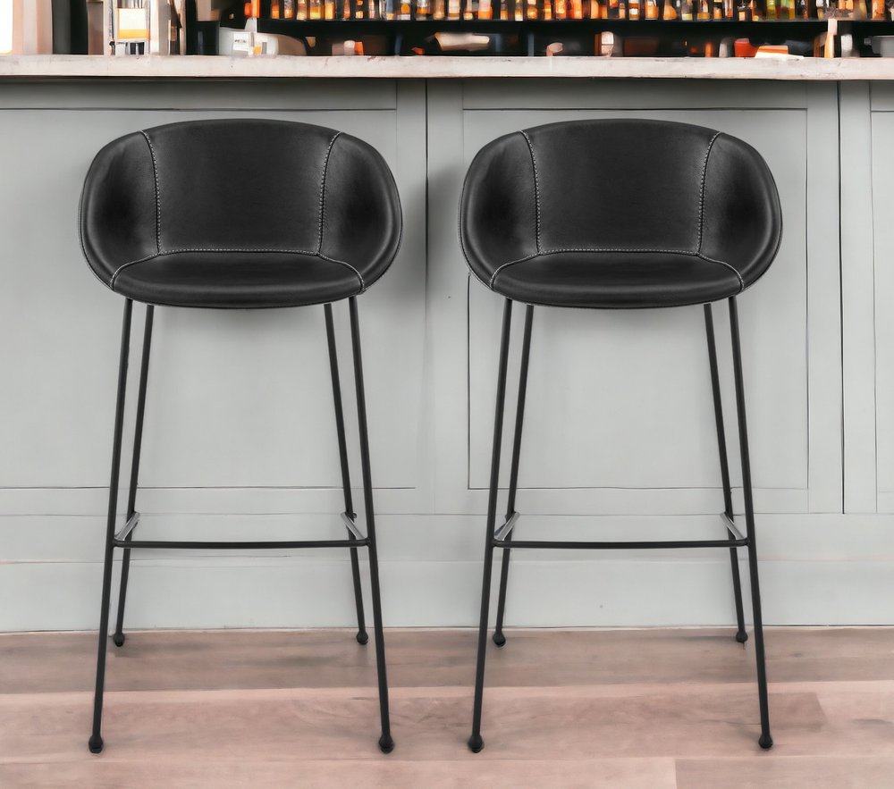 Set of Two 30" Black Faux Leather and Steel Low Back Bar Height Bar Chairs