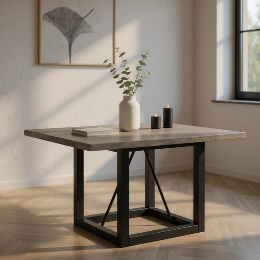 72" Dark Brown and Black Solid Wood And Iron Frame Base Square Dining Table