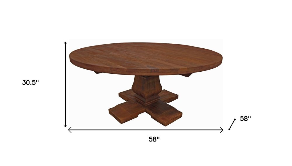 58" Brown Solid Wood Pedestal Base Round Top Dining Table