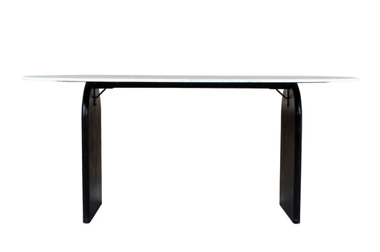 72" White and Black Marble And Solid Wood Sled Base Oval Dining Table