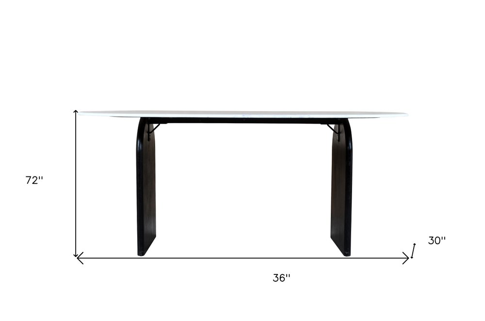 72" White and Black Marble And Solid Wood Sled Base Oval Dining Table