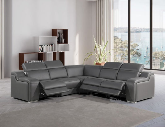 Dark Gray Italian Leather Power Reclining L Shaped Five Piece Corner Sectional