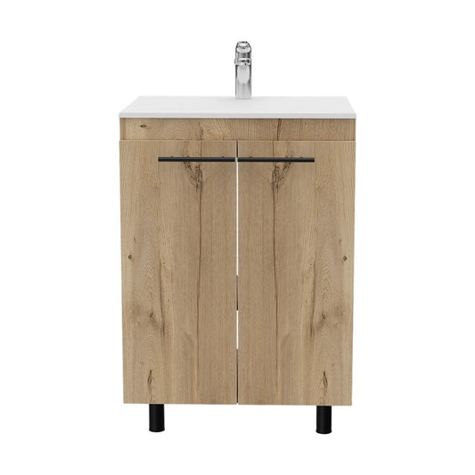 18" Natural Wood Freestanding Bathroom Vanity With White Sink And Medicine Cabinet With Mirror