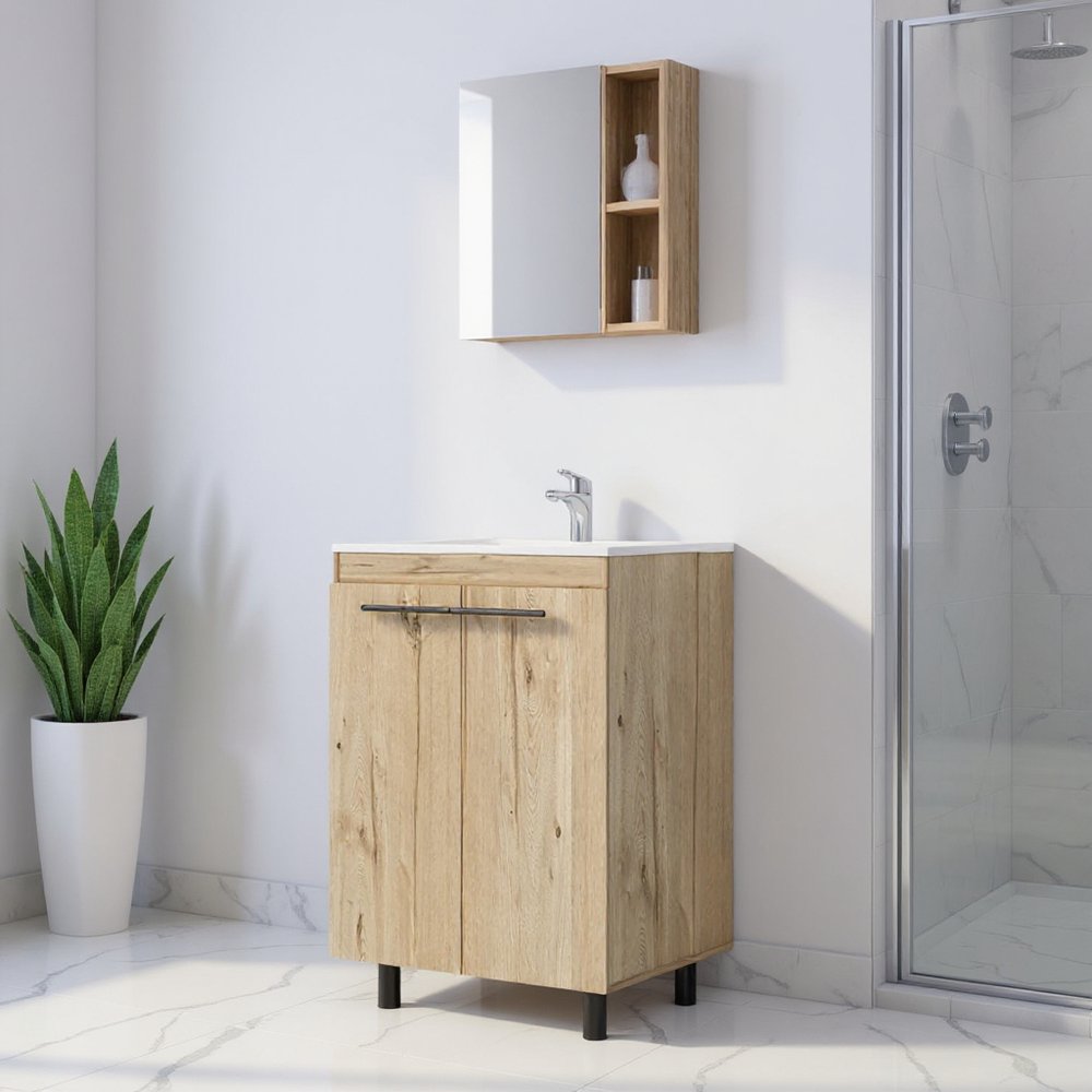 18" Natural Wood Freestanding Bathroom Vanity With White Sink And Medicine Cabinet With Mirror