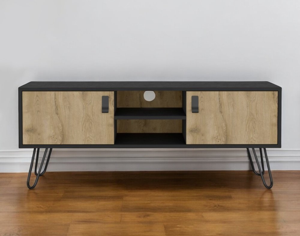 48" Beige and Black Cabinet Open And Enclosed Storage TV Stand