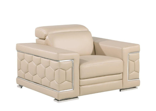 47" Beige and Silver Genuine Leather Club Chair