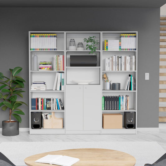 Set of Three White Wood Five Tier Modular Bookcase with Two Doors