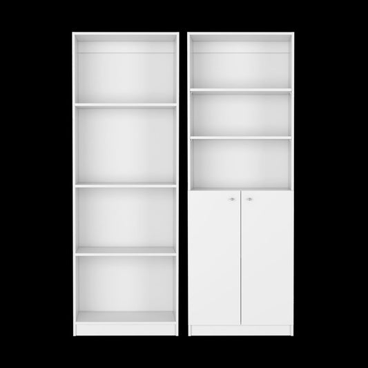 Set of Two White Wood Seven Tier Modular Bookcase with Two Doors