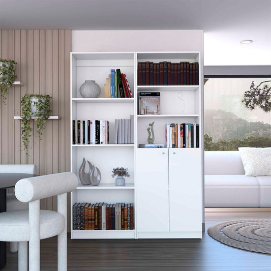 Set of Two White Wood Seven Tier Modular Bookcase with Two Doors