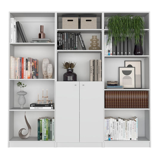 Set of Three White Wood Twelve Tier Modular Bookcase with Two Doors