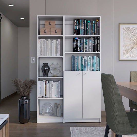 Set of Two White Wood Five Tier Modular Bookcase with Two Doors