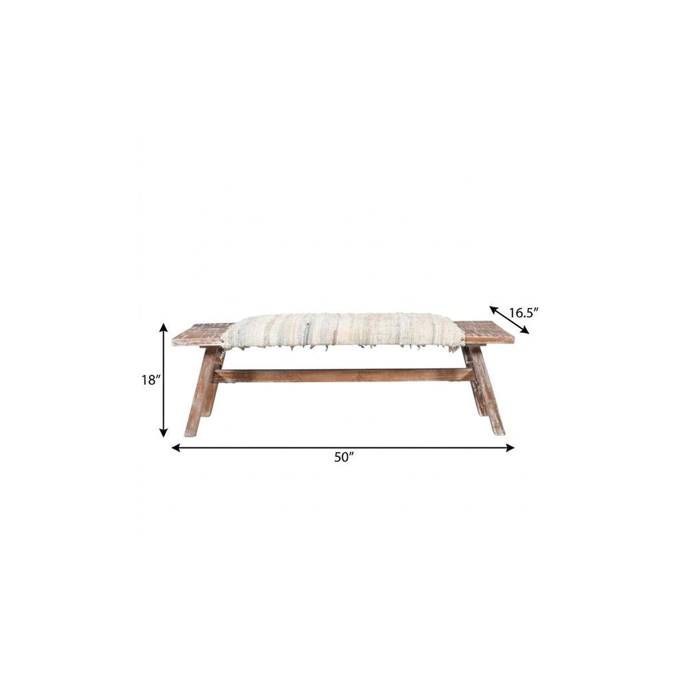 50" White and Brown Cotton Upholstered Striped Bench
