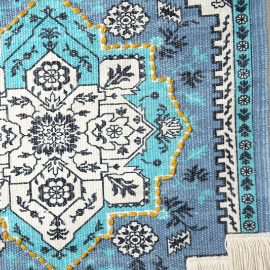 45" X 26" Blue Aqua And Ivory Flower Floral Cotton Macrame Hanging Tapestry
