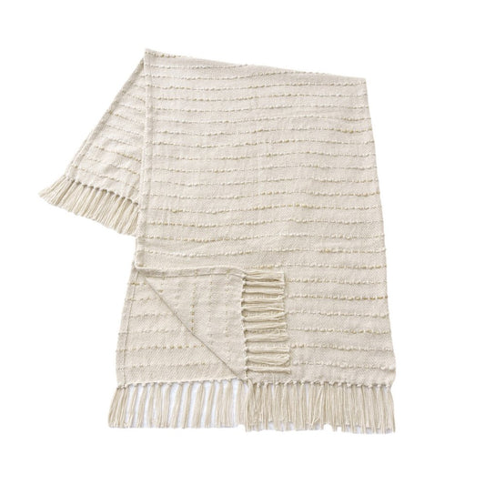 50" X 60" White And Brown Cotton Blend Woven Striped Throw Blanket with Fringe