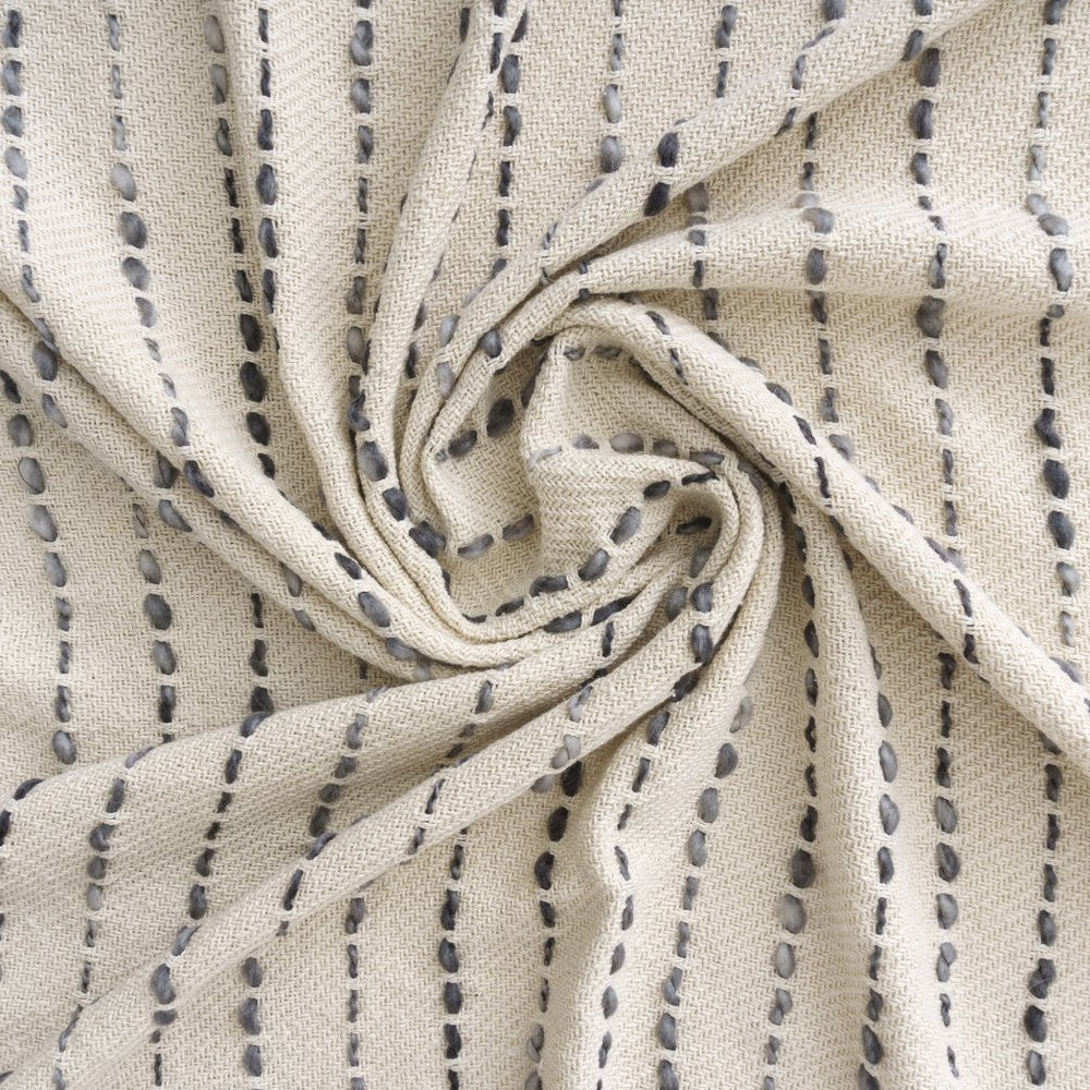 50" X 60" White and Beige Cotton Blend Woven Striped Throw Blanket with Fringe