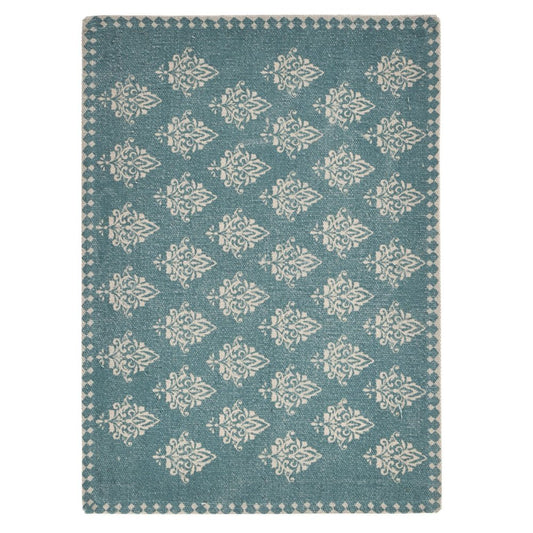 19" Set of Four Cream And Turquoise Damask Cotton Placemats