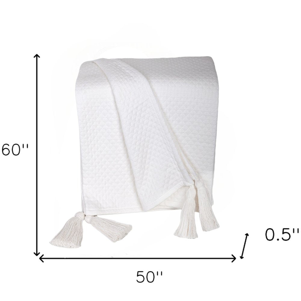 60" X 50" White Woven Cotton Throw Blanket