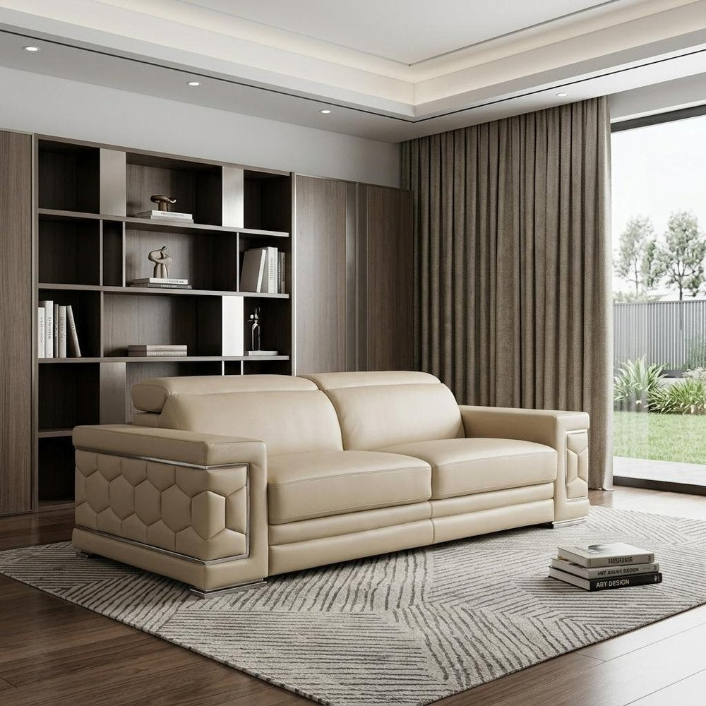 89" Beige Leather Sofa With Silver Legs