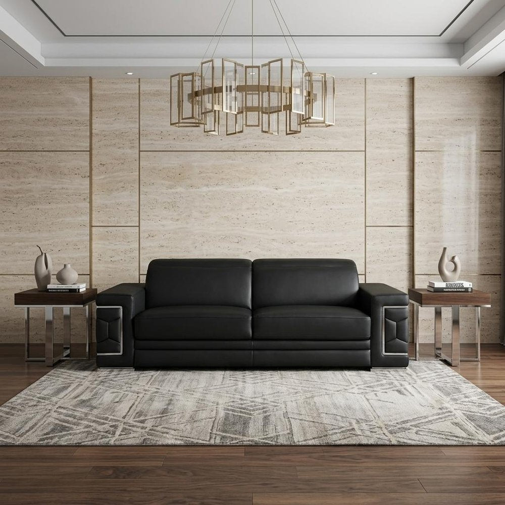 89" Black Leather Sofa With Silver Legs