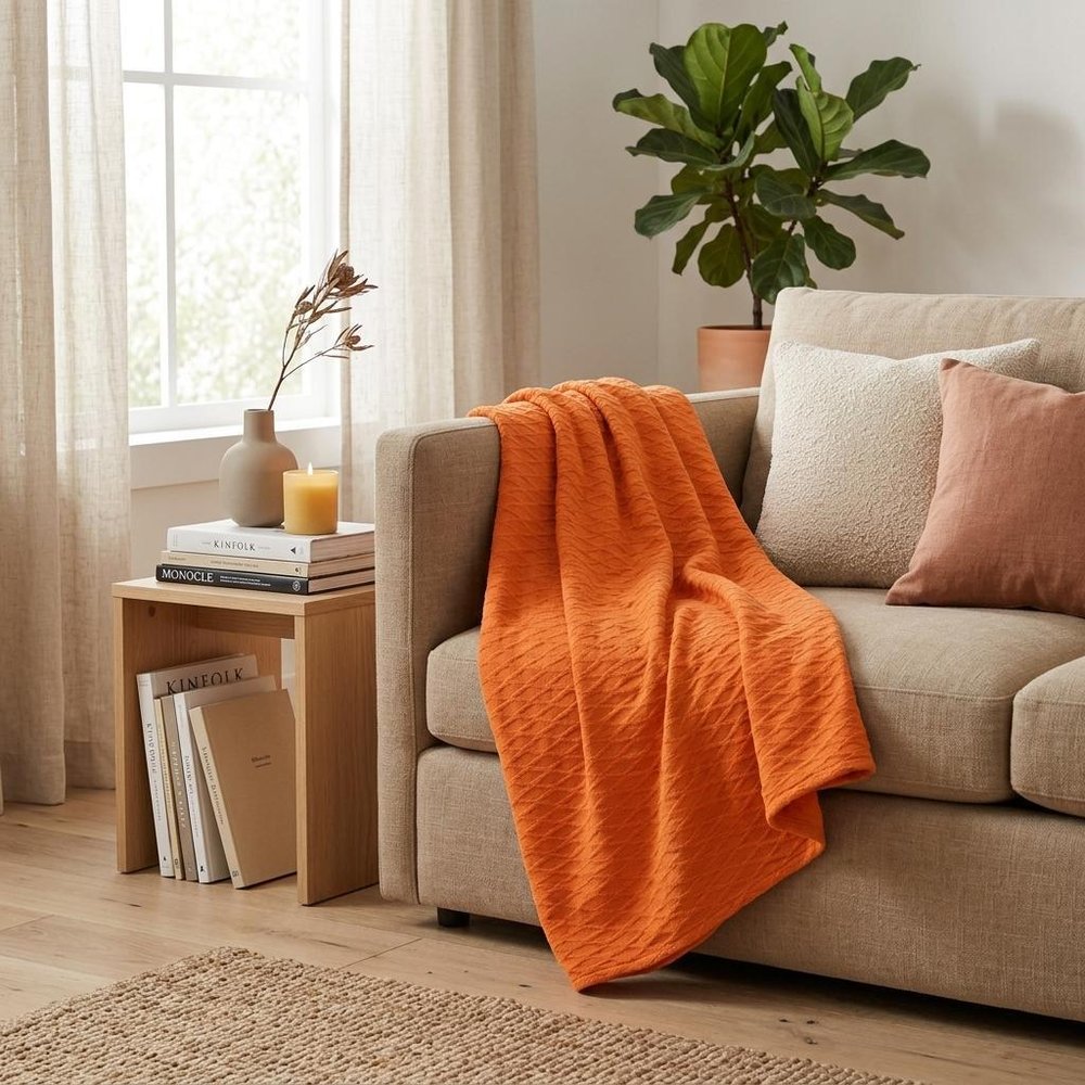 King Burnt Orange Cotton Woven Geometric Blanket