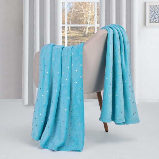 50" X 60" Light Blue And Silver Fleece Woven Polka Dots Plush Throw Blanket