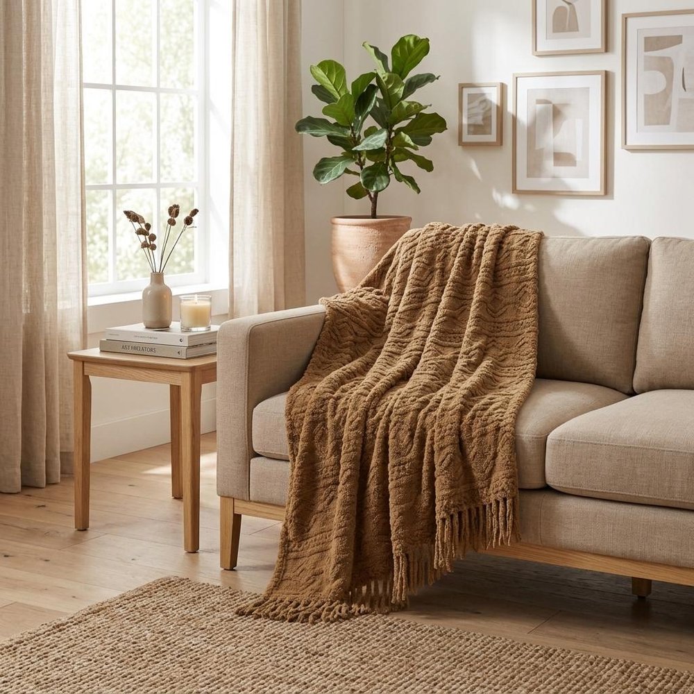 Twin Camel Fleece Geometric Plush Blanket
