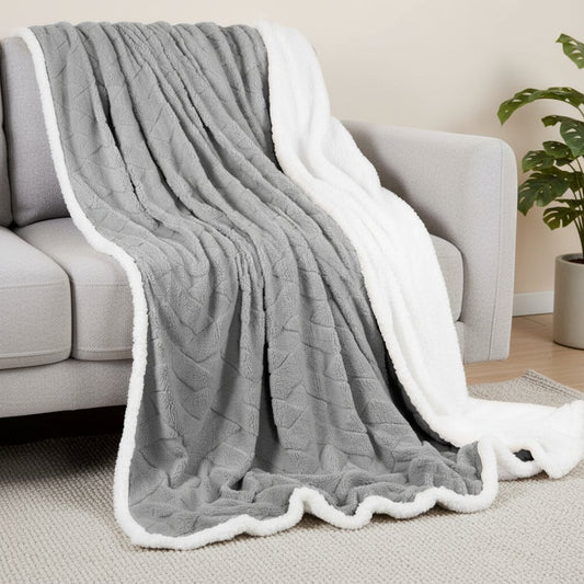 Queen Platinum Geometric Fleece Woven Plush Blanket
