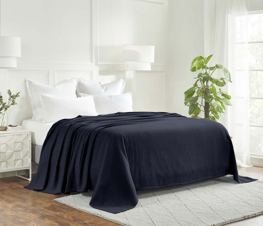 Queen Navy Blue Cotton Woven Chevron Blanket