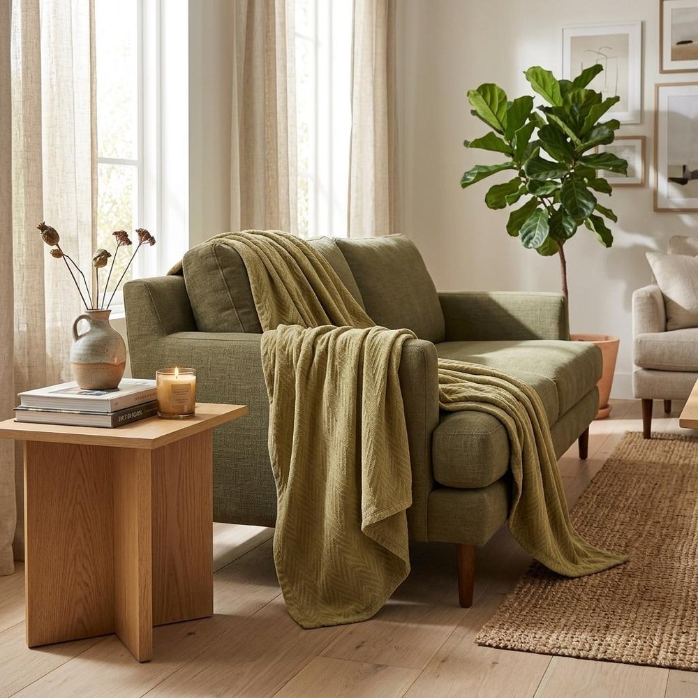 Queen Sage Cotton Woven Chevron Blanket