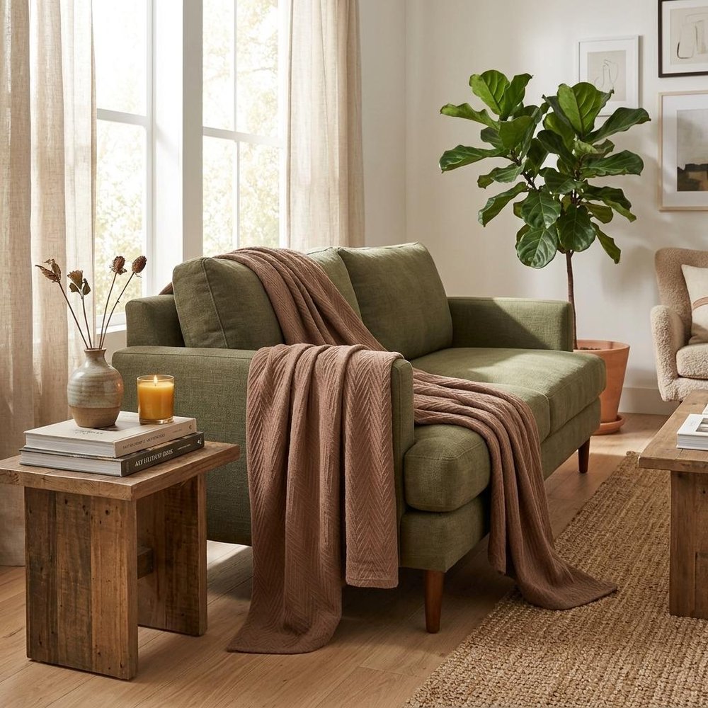 Queen Taupe Cotton Woven Chevron Blanket