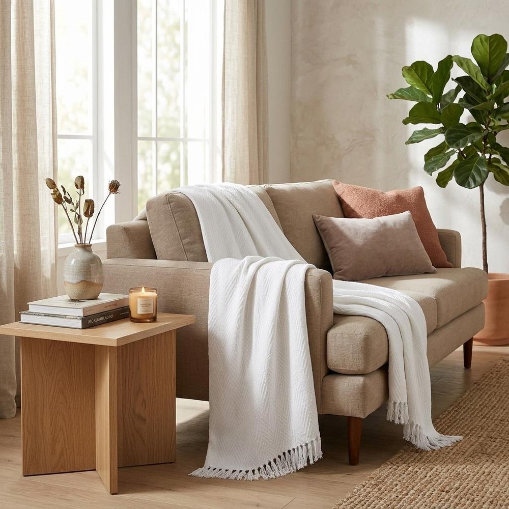 Queen White Cotton Woven Chevron Blanket