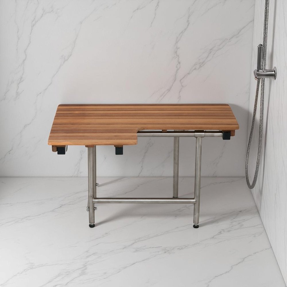 30" Brown Wall Mount Teak Rectangular Shower Bench With Legs