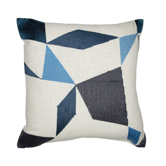 20" Blue and Beige Geometric Cotton Blend Throw Pillow With Embroidery