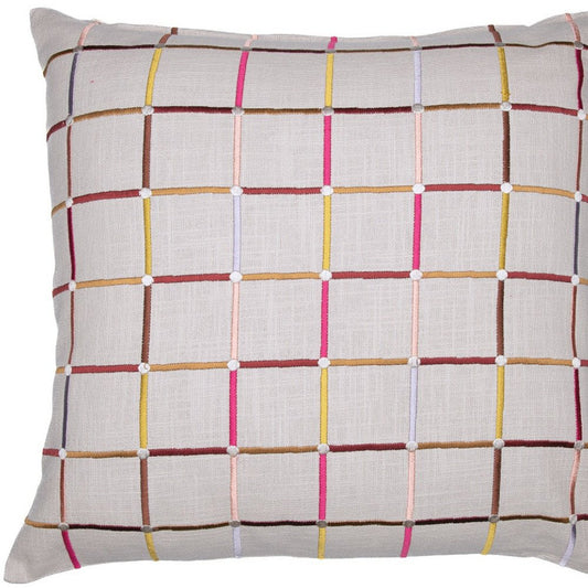 24" Beige Check Cotton Blend Throw Pillow With Embroidery