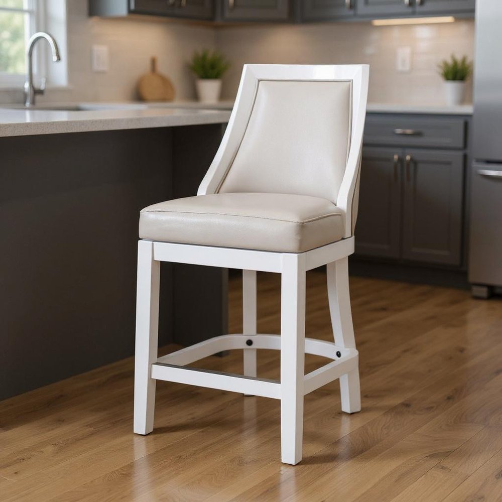 26" Gray And White Faux Leather And Solid Wood Counter Height Swivel Bar Chair