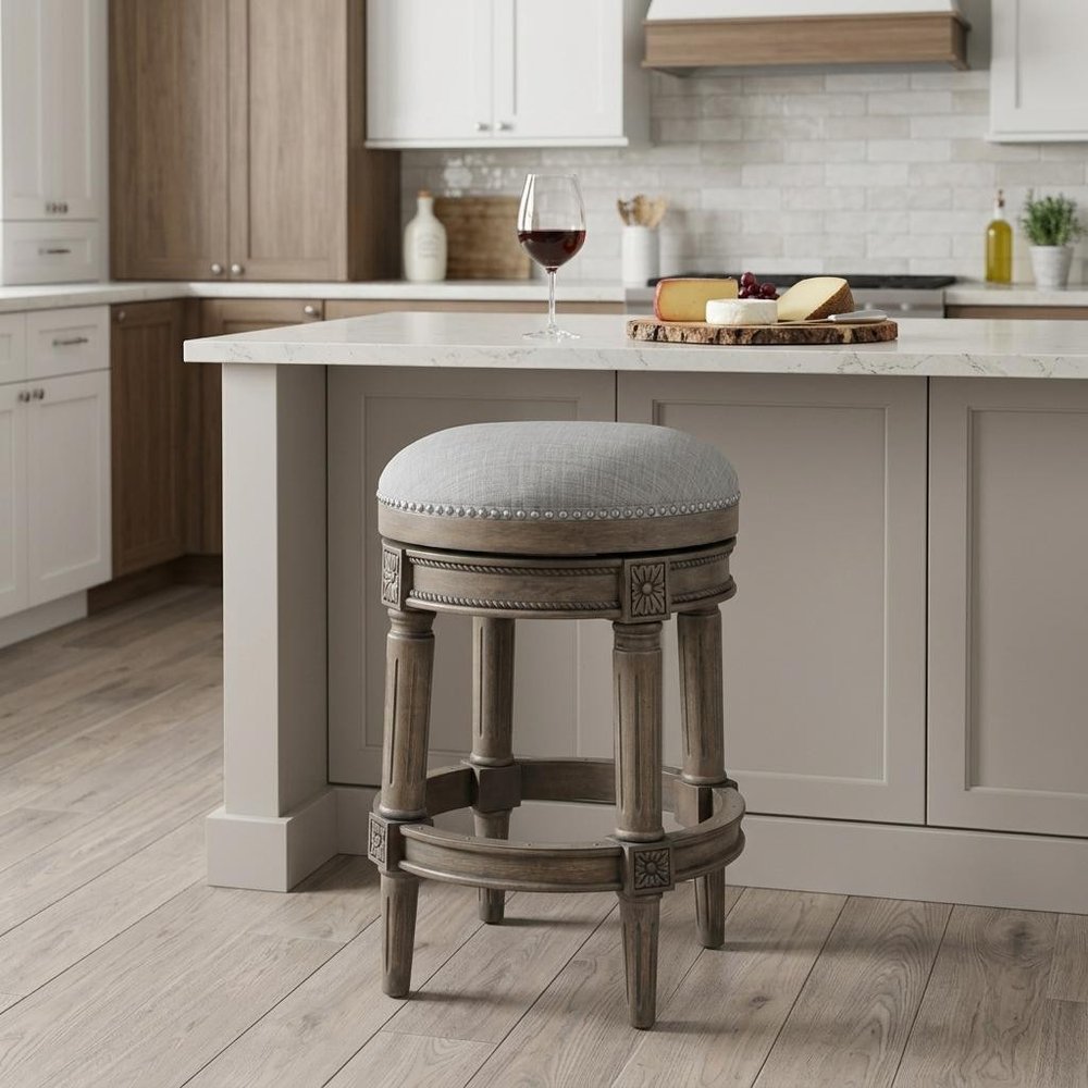 26" Gray Solid Wood Swivel Backless Counter Height Bar Chair