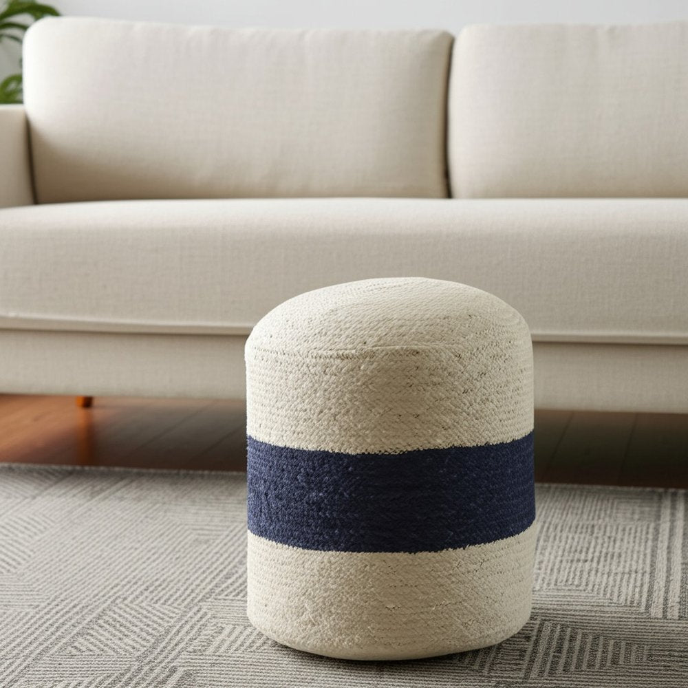 18" Off White And Navy Blue Jute Blend Cylinder Striped Pouf Ottoman
