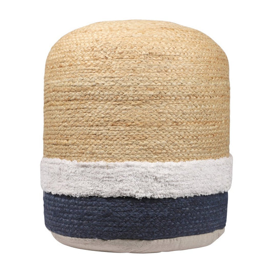 18" Natural And Navy Blue Jute Blend Cylinder Striped Pouf Ottoman
