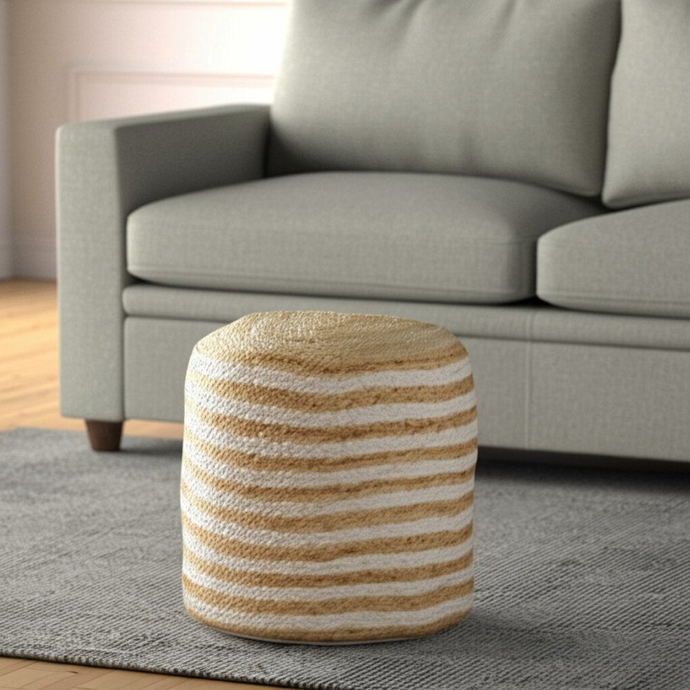 18" Natural And White Jute Blend Cylinder Striped Pouf Ottoman