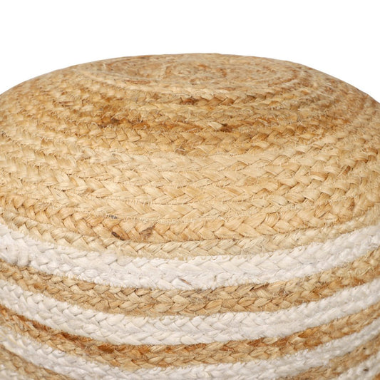 18" Natural And White Jute Blend Cylinder Striped Pouf Ottoman