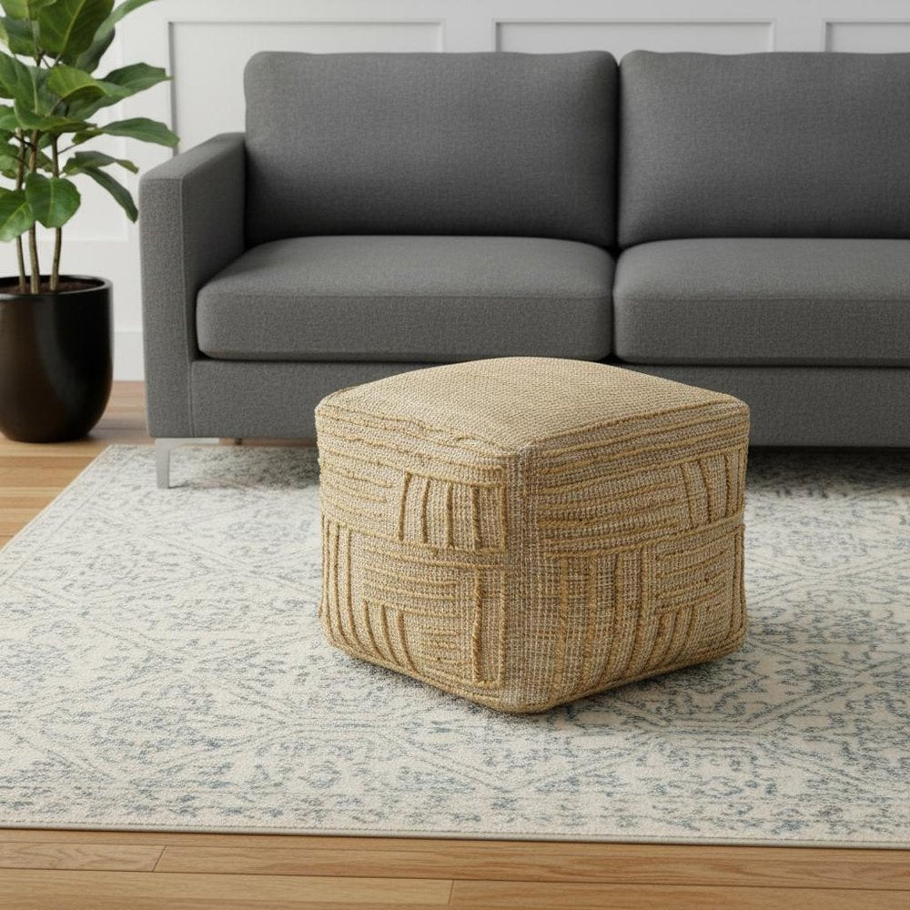 18" Natural Jute Blend Cube Striped Pouf Ottoman