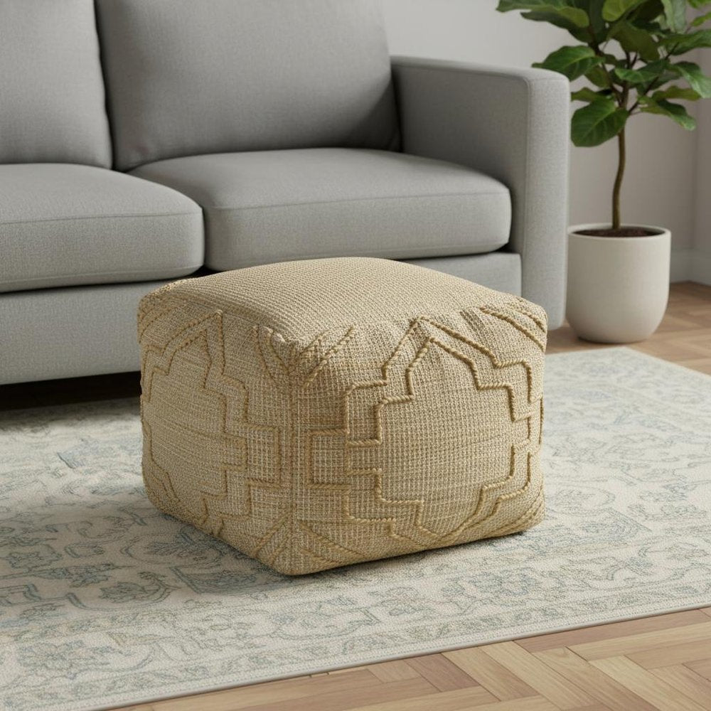 18" Natural Jute Blend Cube Quatrefoil Pouf Ottoman